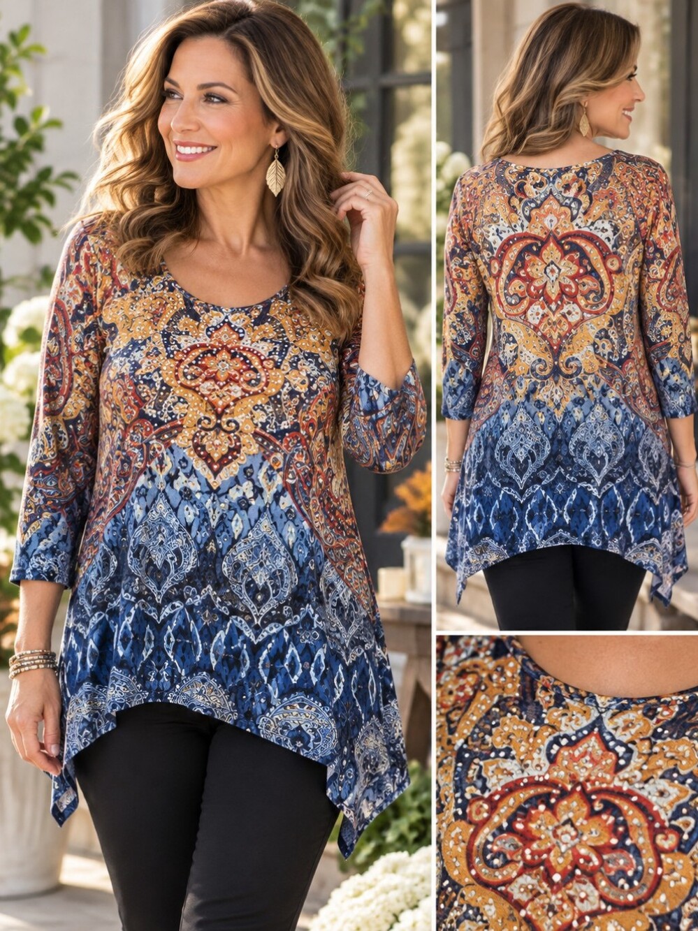 One World Boho Paisley Rhinestone Sharkbite Hem 3/4 Sleeve Top Medium